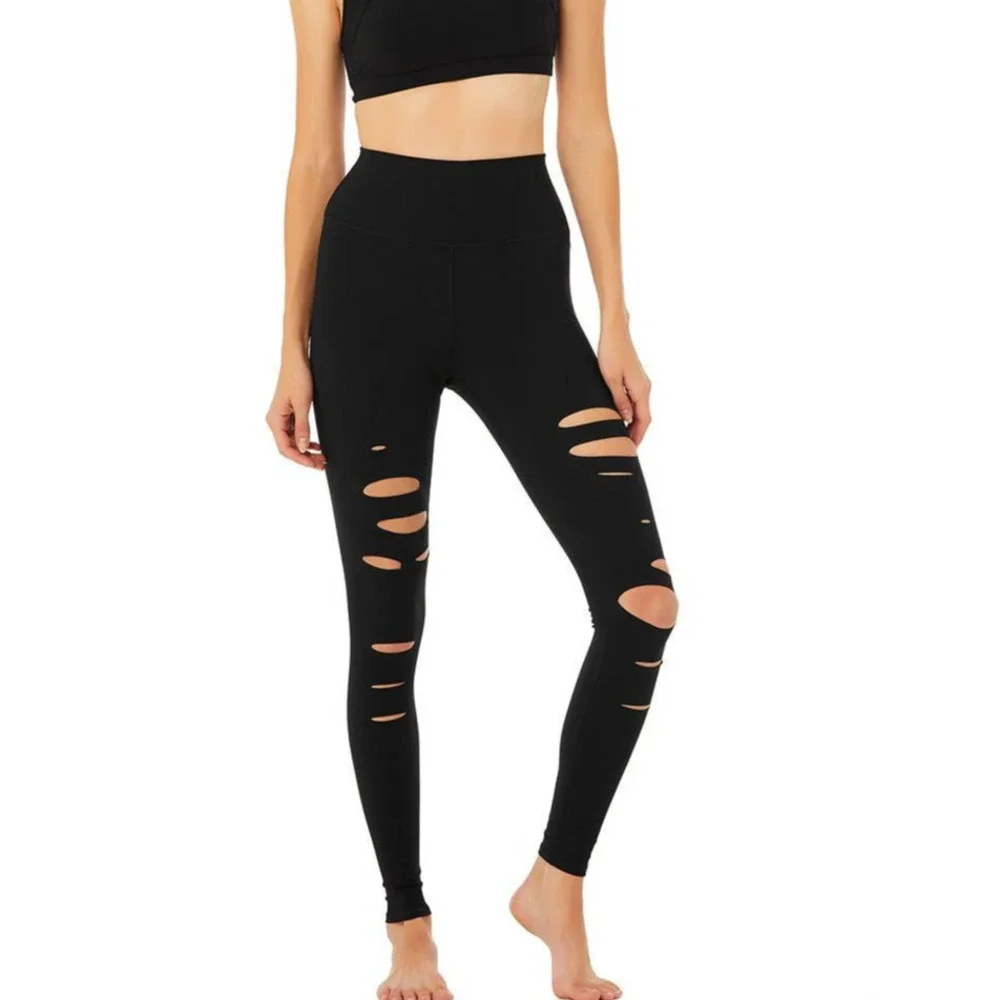 Alo Yoga Black High Waist Distressed Ripped Warrior Active Legging Size XXS